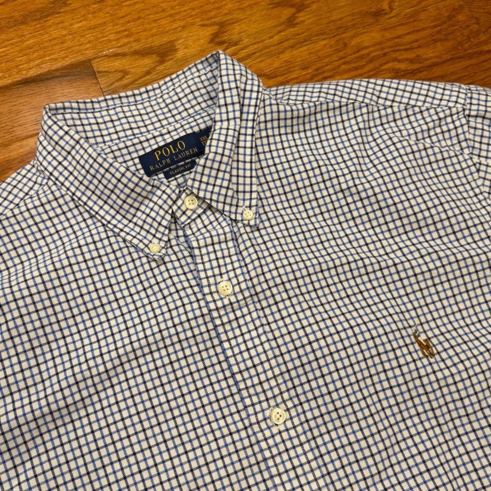 Polo Ralph Lauren Button Down Shirt Mens 2XL White Blue Check Flesh Pony Casual